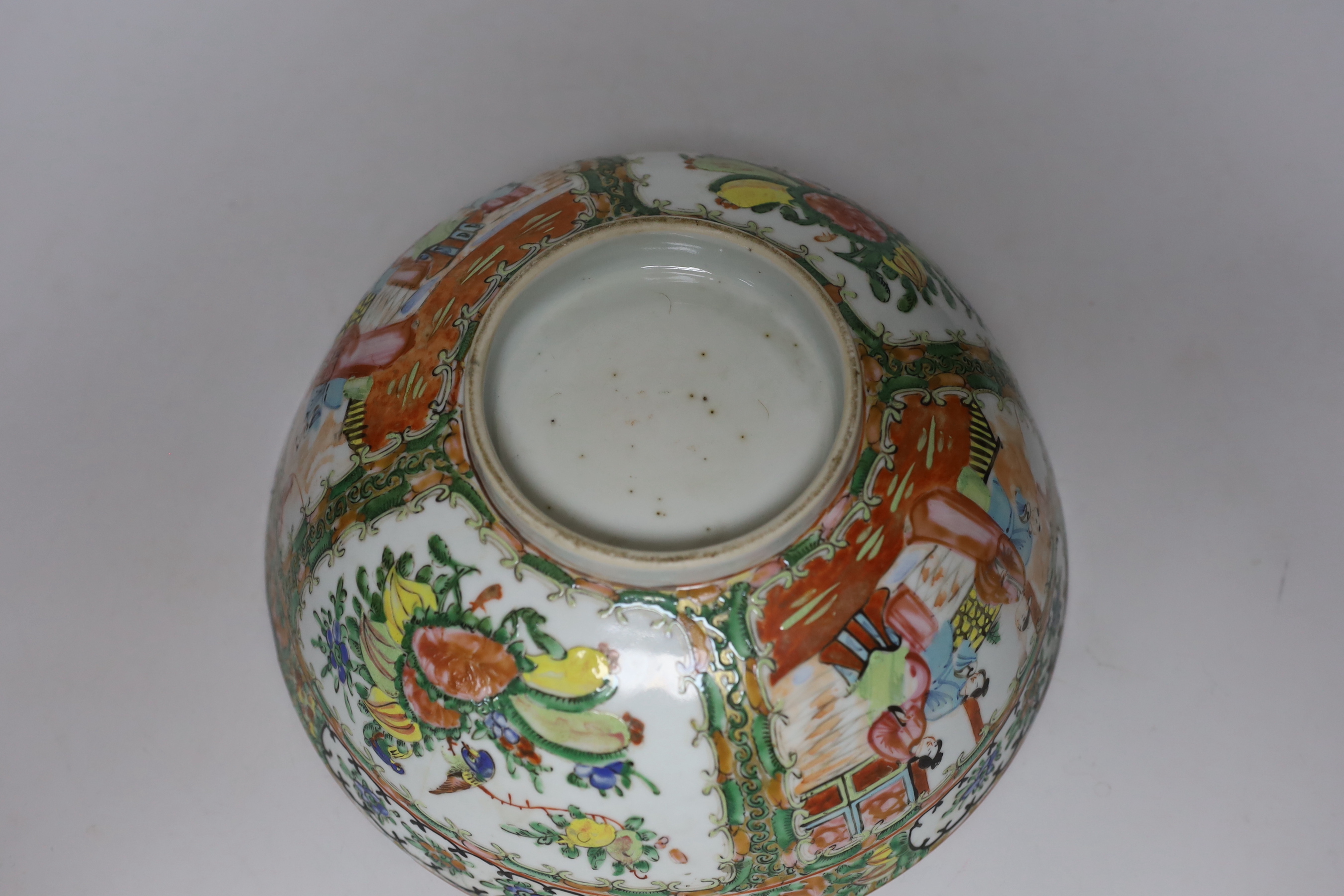 A Chinese celadon brush pot, a Cantonese bowl, two rice bowls and a rice bowl on stand, Cantonese bowl 26cm diameter